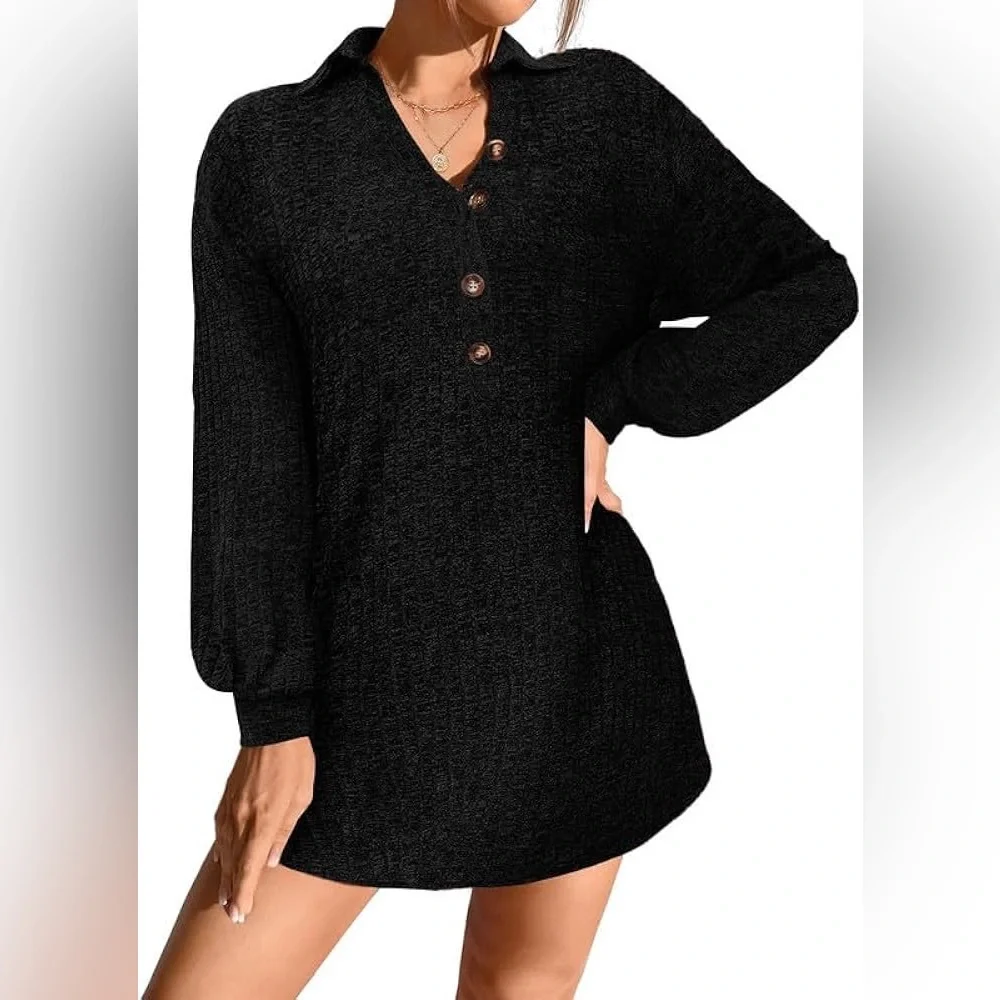(A8) Ekouaer Longsleeve Ribbed Knit Sleep Shirt vneck Button Notch Collar, M,NWT